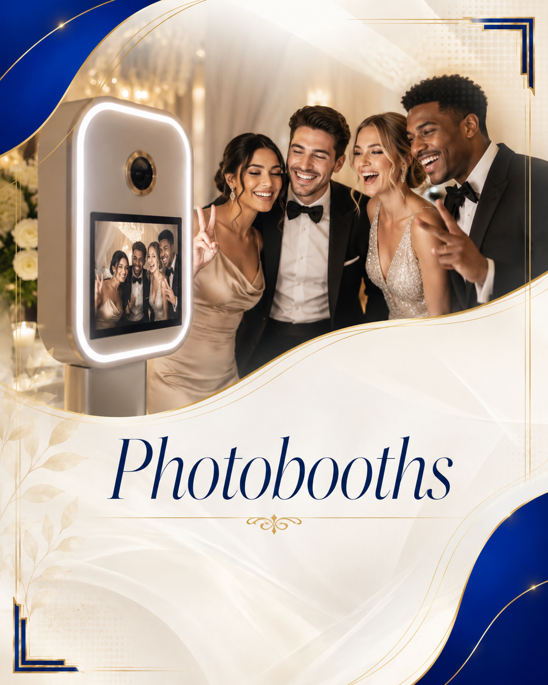 Four casually dressed friends in formal wear smile and pose for a selfie inside a modern photo booth at a gala.