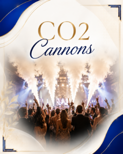 Concert crowd with raised hands as CO2 jets shoot smoke over the stage, framed by a gold-and-blue decorative poster reading 'CO2 Cannons'.
