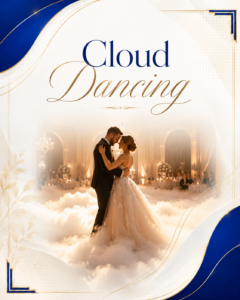 Bride and groom embrace while dancing on a cloudlike floor in a grand ballroom, with guests seated in the background and a decorative frame around them.