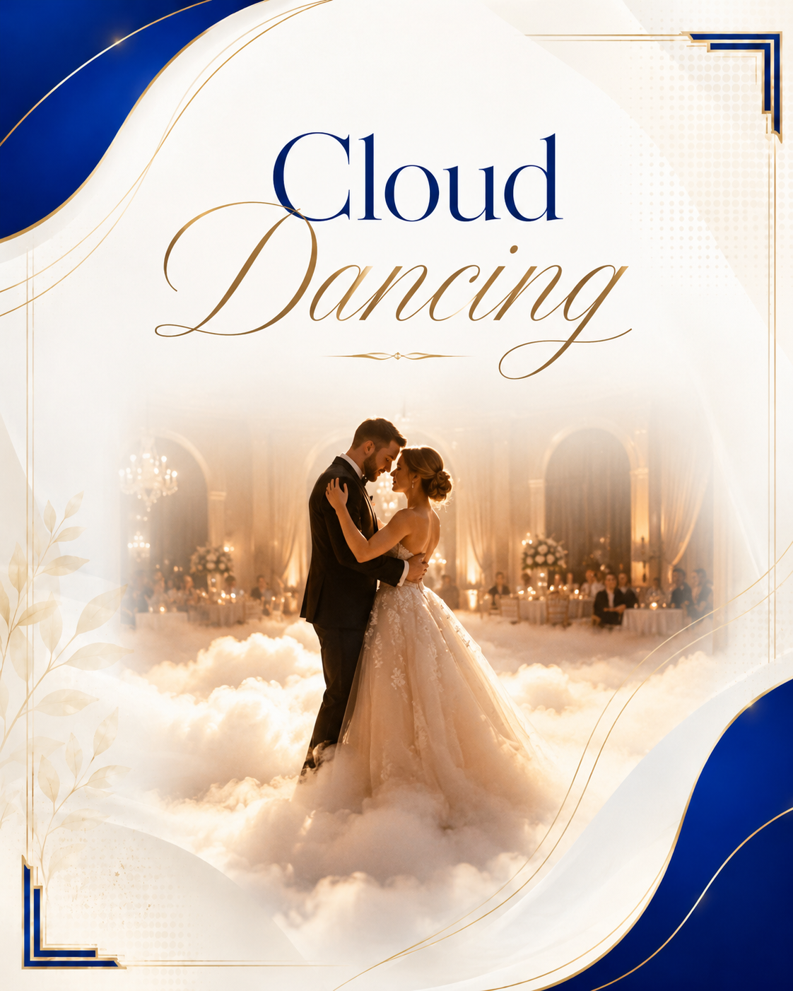 Bride and groom embrace while dancing on a cloudlike floor in a grand ballroom, with guests seated in the background and a decorative frame around them.