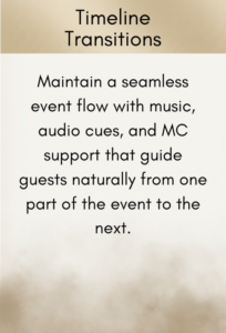 Slide titled Timeline Transitions giving guidance to maintain a seamless event flow using music, audio cues, and MC support.
