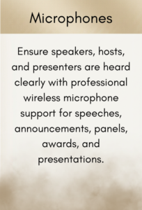 Poster slide titled 'Microphones' describing wireless microphone support to ensure speakers are heard clearly for speeches, announcements, panels, awards, and presentations.