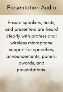 Slide titled 'Presentation Audio' explaining wireless microphone support to ensure clear sound for speeches, announcements, panels, awards, and presentations.