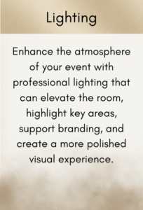 Banner titled Lighting with a marketing message: Professional lighting enhances the atmosphere, highlights key areas, supports branding, and creates a more polished visual experience.
