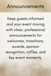 Announcements header on a gold banner; body text explains using clear, professional announcements for welcomes, transitions, awards, sponsor recognition, raffles, and key moments.